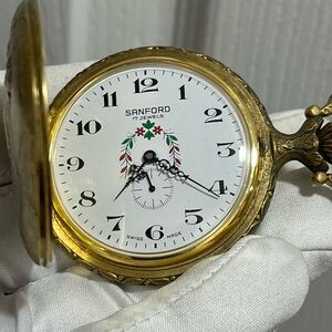 Pocket Manual Sanford Watch W/ Chain Hunting Scene 17jewels Swiss 1960s